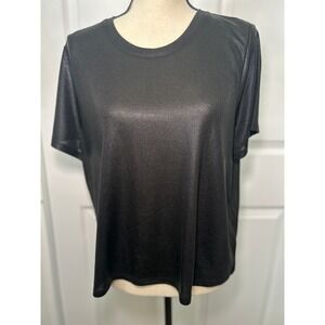 Anthropologie Porridge Black Sheer Short Sleeve Shiny Crop‎ Top T Shirt Size XL